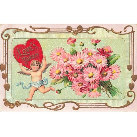 n°26438 - Carte Gaufrée - Saint-Valentin - Love's Token - Ange près d'un bouquet