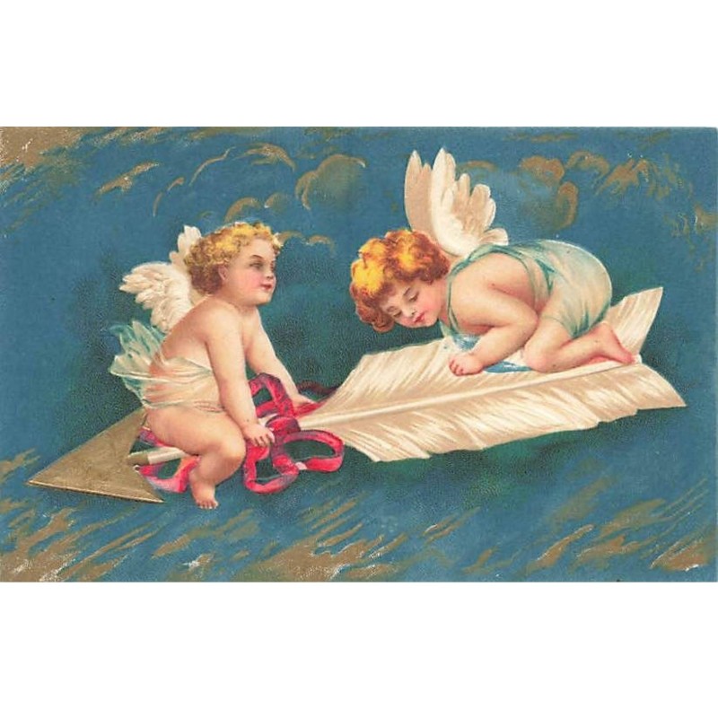 n°26442 - Carte Gaufrée - Clapsaddle - Deux Anges assis sur une flèche