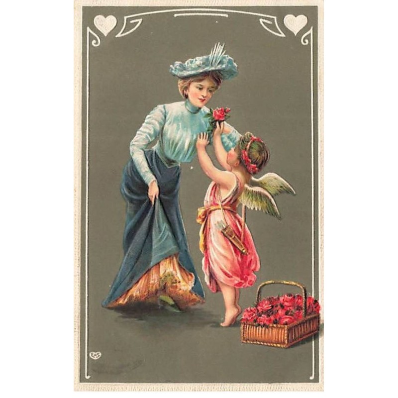n°26445 - Carte Gaufrée - Ange, Cupidon offrant une rose à une femme