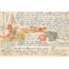 n°26450 - Carte Gaufrée - Fantaisie - Souris tirant sur la pelote de laine tenue par un lutin tricotant