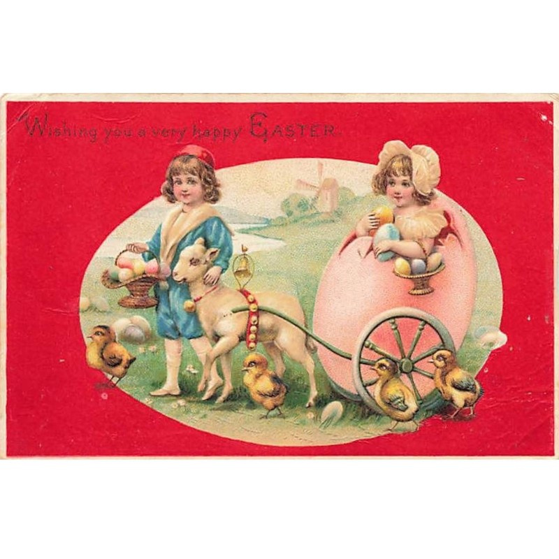n°26464 - Carte Gaufrée - Wishing you a very happy Easter - Fillette dans un oeuf tiré par un mouton