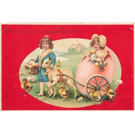 n°26464 - Carte Gaufrée - Wishing you a very happy Easter - Fillette dans un oeuf tiré par un mouton