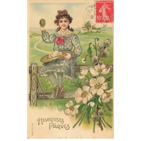 n°26465 - Carte Gaufrée - MSIB 13603 - Heureuses Pâques - Fillette assise sur une balustrade près de fleurs