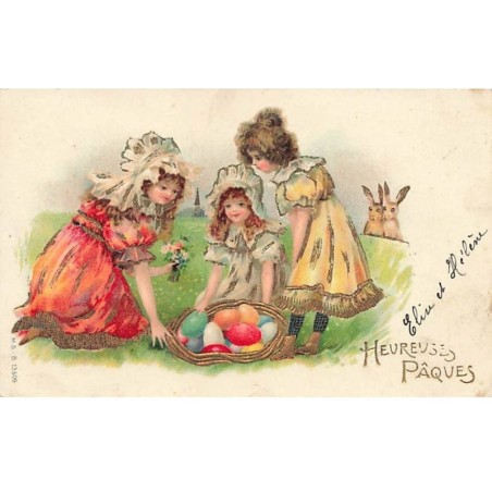 n°26466 - Carte Gaufrée - MSIB 13509 - Heureuses Pâques - Fillettes autour d'un panier rempli d'oeufs