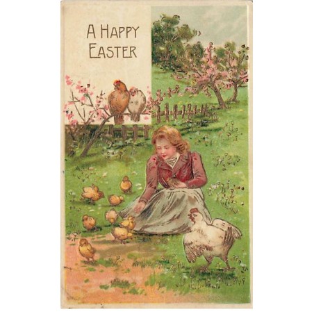 n°26467 - Carte Gaufrée - Pâques - A Happy Easter - Jeune femme nourrissant des poussins