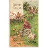 n°26467 - Carte Gaufrée - Pâques - A Happy Easter - Jeune femme nourrissant des poussins