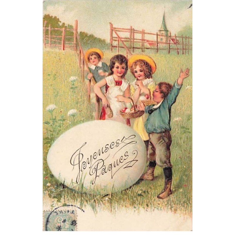 n°26469 - Carte Gaufrée - Serie 3833 - Joyeuses Pâques - Enfants près d'un gros oeuf