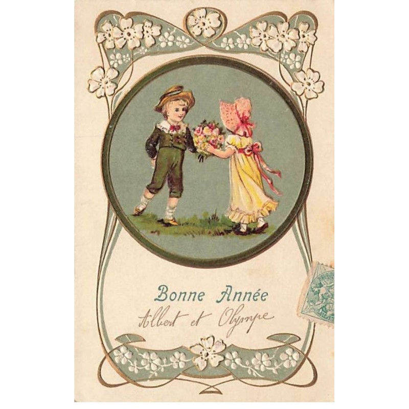n°26473 - Carte Gaufrée - Art Nouveau - Bonne Année - Garçon offrant un bouquet à une fillette