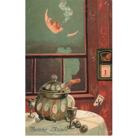 n°26474 - Carte Gaufrée - Bonne Année - Lune humanisée fumant - Surréalisme