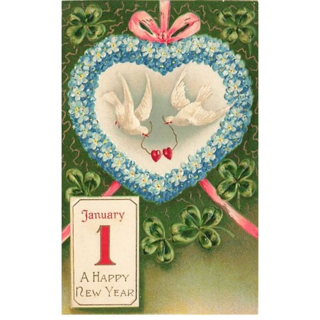 n°26478 - Carte Gaufrée - Nouvel An - A Happy New Year - Colombes au milieu d'un coeur