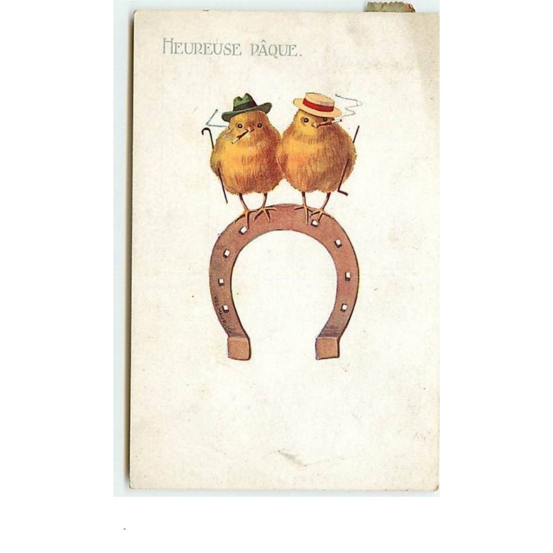 n°12834 - Heureuse Pâque - Poussins fumant sur un fer à cheval
