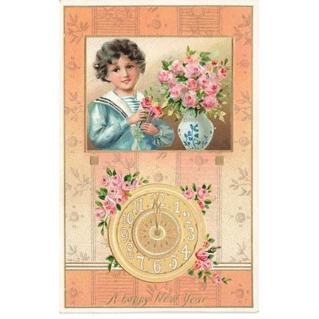 n°26479 - Carte Gaufrée - Nouvel An - A Happy New Year - Garçon mettant des roses dans un vase