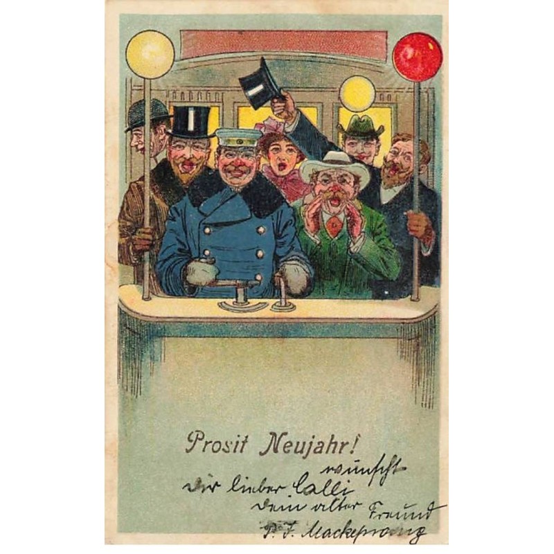 n°26481 - Nouvel An - Prosit Neujahr - Hommes et femme dans la cabine de pilotage d'un tramway