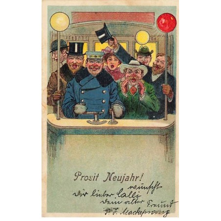 n°26481 - Nouvel An - Prosit Neujahr - Hommes et femme dans la cabine de pilotage d'un tramway