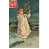 n°26483 - Carte Gaufrée - Joyeux Noël - Fillette portant un sapin, marchant dans la nuit