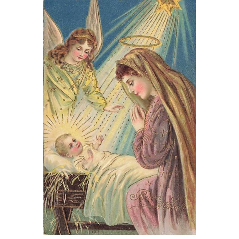 n°26484 - Carte Gaufrée - Noël - Buon Natale - Anges veillant sur un nouveau né - Nativité