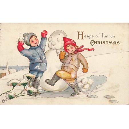 n°26488 - Carte Gaufrée - Noël - Heaps of fun on Christmas - Enfants faisant un bonhomme de neige