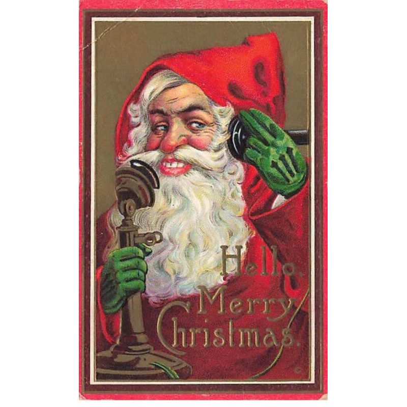 n°26490 - Carte Gaufrée - Noël - Hello Merry Christmas - Père Noël au téléphone