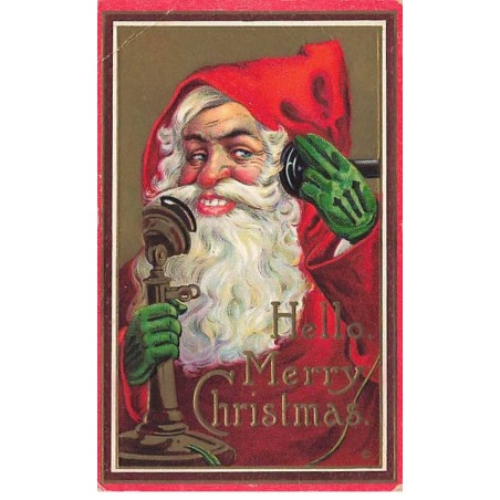 n°26490 - Carte Gaufrée - Noël - Hello Merry Christmas - Père Noël au téléphone