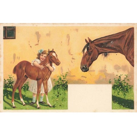 n°26491 - Carte Gaufrée - Illustrateur - Mailick - Fillette câlinant un poulain sous le regard d'une jument