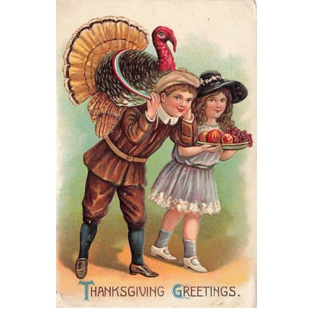 n°26492 - Carte Gaufrée - Thanksgiving Greetings - Jeune couple, le garçon portant la dinde