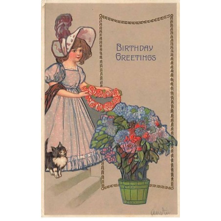 n°26494 - Carte Gaufrée - Birthday Greetings - Jeune fille décorant une plante - chat