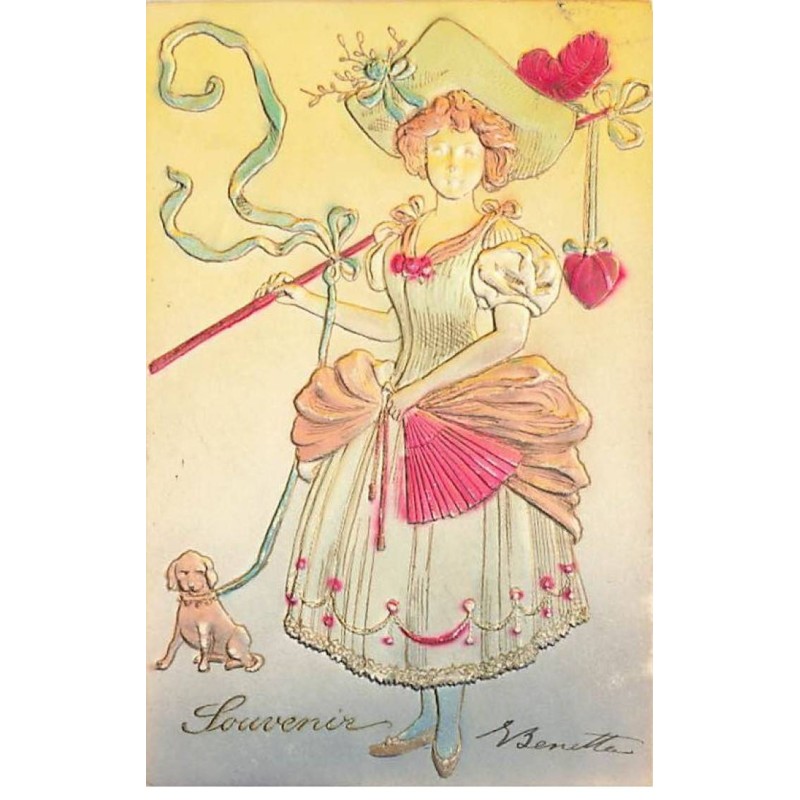 n°26495 - Carte Gaufrée - Fantaisie - Jeune femme avec une crosse de bergère, et tenant un teckel en laisse
