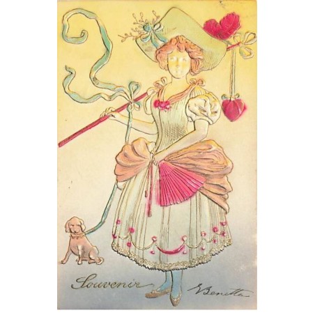 n°26495 - Carte Gaufrée - Fantaisie - Jeune femme avec une crosse de bergère, et tenant un teckel en laisse