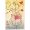 n°26495 - Carte Gaufrée - Fantaisie - Jeune femme avec une crosse de bergère, et tenant un teckel en laisse