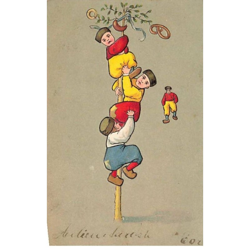 n°26498 - Carte Gaufrée - Fantaisie - Garçon montant sur un mât de cocagne pour attraper des bretzels