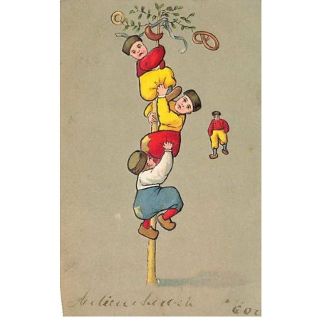 n°26498 - Carte Gaufrée - Fantaisie - Garçon montant sur un mât de cocagne pour attraper des bretzels