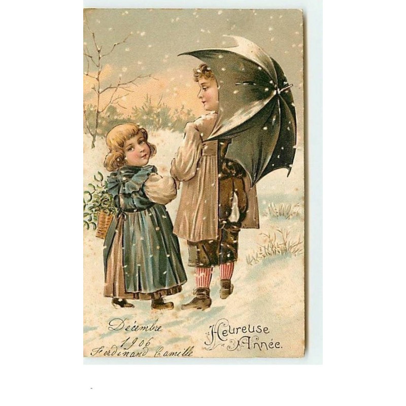 n°12837 - Carte Gaufrée - Heureuse Année - Enfants sous la neige