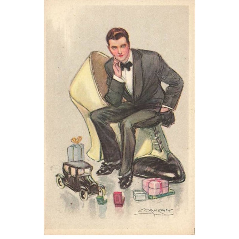 n°26501 - Illustrateur - Mauzan - Homme assis sur une chaussure de femme, entouré de cadeaux