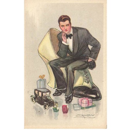 n°26501 - Illustrateur - Mauzan - Homme assis sur une chaussure de femme, entouré de cadeaux