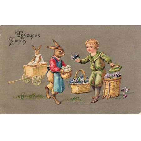 n°26512 - Carte Gaufrée - Joyeuses Pâques - Garçon offrant des violettes à un lièvre habillé