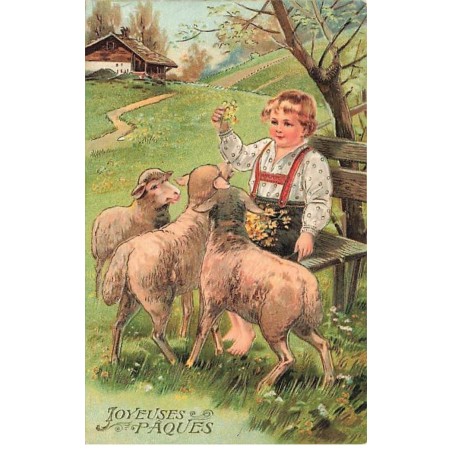 n°26514 - Carte Gaufrée - serie 6733 - Joyeuses Pâques - Garçon assis entouré de moutons