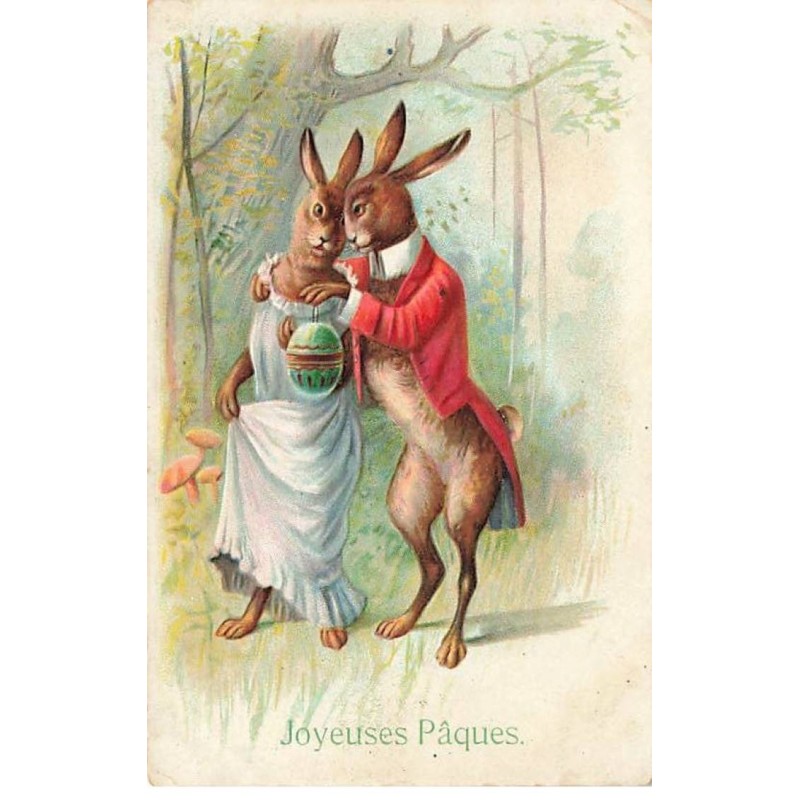 n°26517 - Carte Gaufrée - Joyeuses Pâques - Couple de lièvres habillés, se promenant dans la forêt