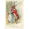 n°26517 - Carte Gaufrée - Joyeuses Pâques - Couple de lièvres habillés, se promenant dans la forêt