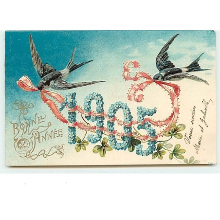 n°12840 - Carte Gaufrée - Bonne année 1905 - Hirondelles
