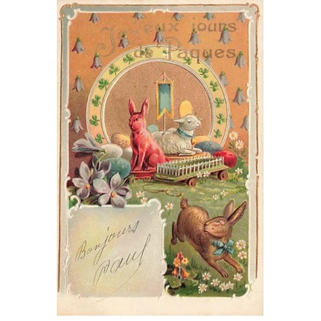 n°26519 - Carte Gaufrée - Joyeux jours de Pâques - Lièvre et mouton