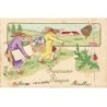 n°26520 - Carte Gaufrée - Heureuses Pâques - Lièvres habillés transportant un panier rempli d'oeufs