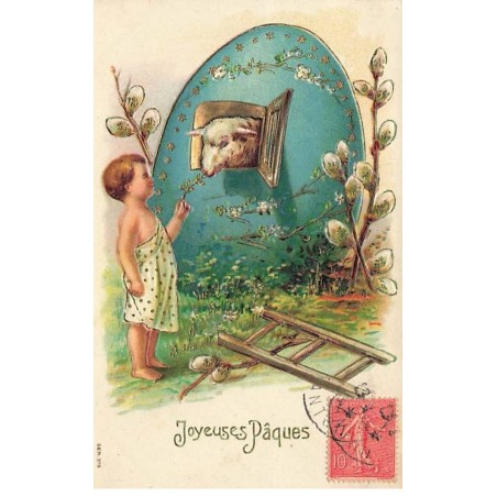 n°26521 - Carte Gaufrée - Ser 315 - Joyeuses Pâques - Enfant donnant à manger à un mouton dans un oeuf
