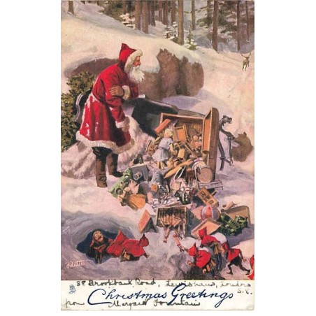 n°26530 - Oilette - Christmas Greetings - Père Noël regardant son traîneau renversé, avec les jouets dans la neige