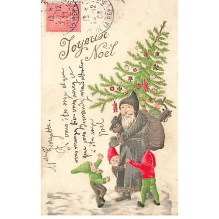 n°26533 - Carte Gaufrée - Joyeux Noël - Lutins autour du Père Noël apportant un sapin