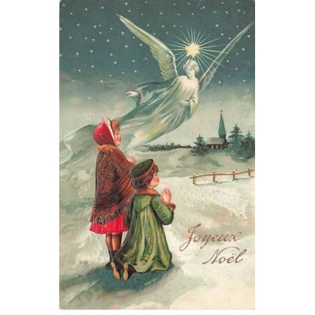 n°26534 - Carte Gaufrée - Joyeux Noël - Enfants priant en regardant un ange gardien dans la nuit