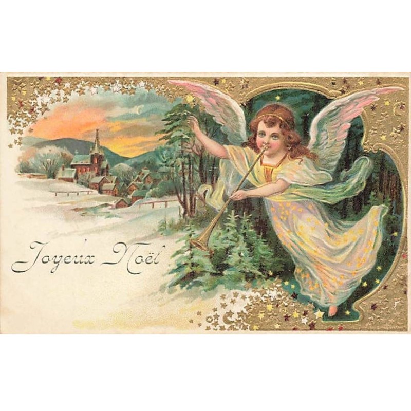 n°26535 - Carte Gaufrée - Joyeux Noël - Ange jouant de la trompette à l'orée d'un bois