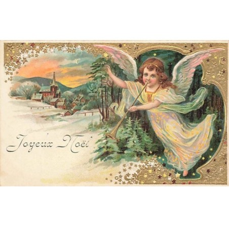 n°26535 - Carte Gaufrée - Joyeux Noël - Ange jouant de la trompette à l'orée d'un bois