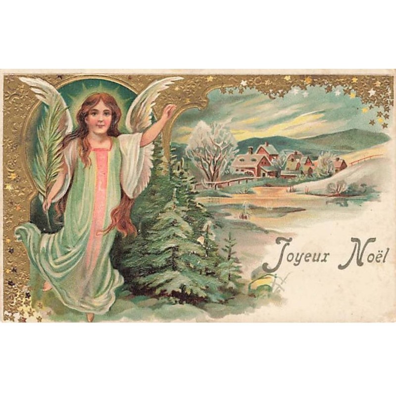 n°26536 - Carte Gaufrée - Joyeux Noël - Ange gardien tenant une plume près d'un village