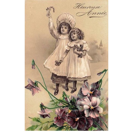n°26541 - Carte Gaufrée - Serie 8072 - Heureuse Année - Fillettes avec des portes-bonheur, et des pensées