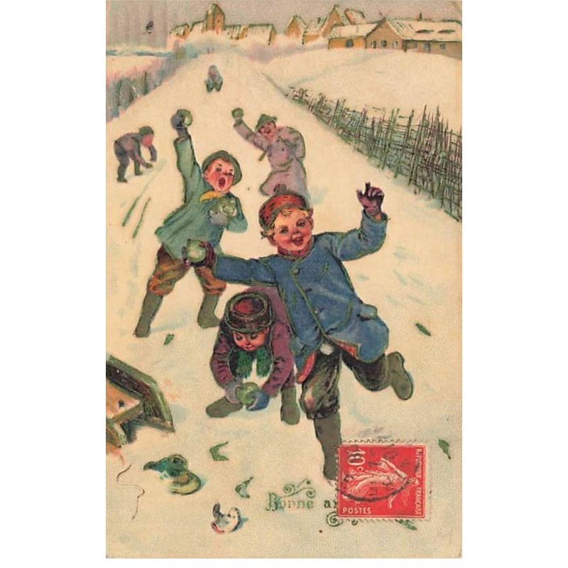 n°26543 - Carte Gaufrée - Nouvel An - Bonne Année - Garçons faisant une bataille de boules de neige